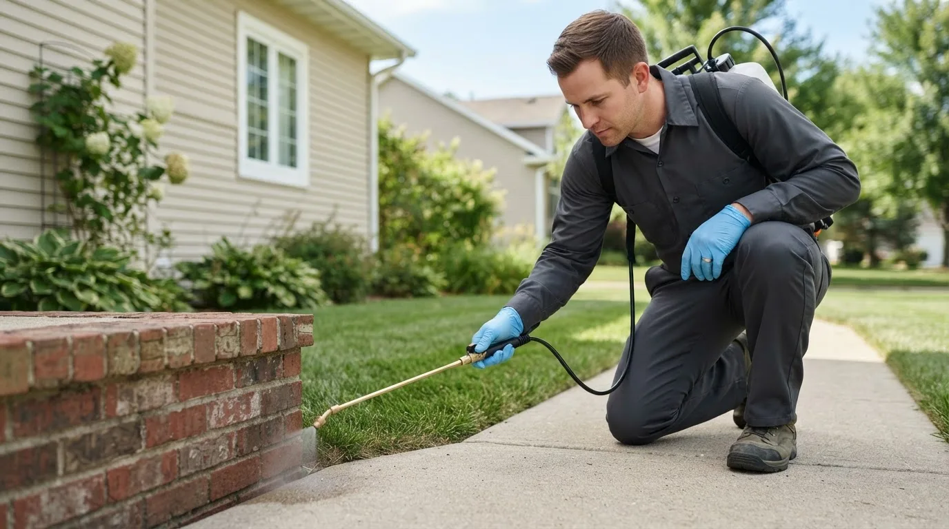 Pest control technician treating a home near Bridport, VT