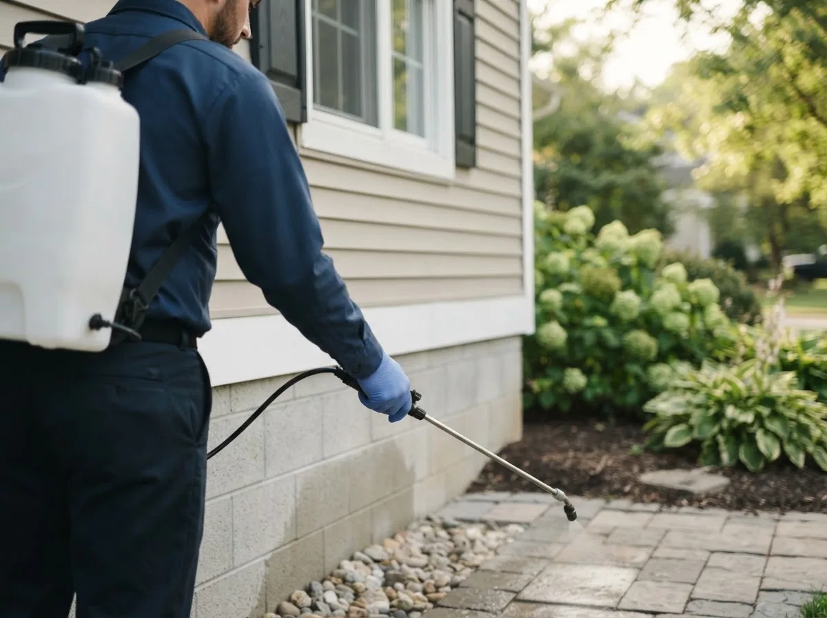 Pest control technician inspecting a home in Bridport, VT